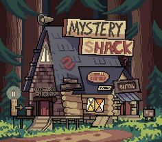 a pixel art house in the woods with a sign that says mystery shack on it