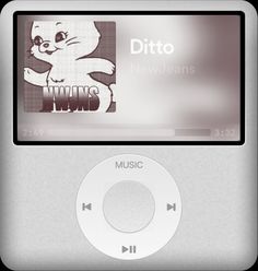 an mp3 player with the words ditto on it's screen and a cat sticker next to it