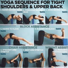 a woman doing yoga poses for tight shoulders and upper back muscles with the instructions below