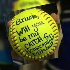 a hand holding a yellow softball with the words grace will you be my catch for homegrown?