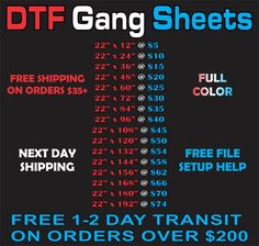 a black poster with red, white and blue text on it that says dtf gang sheets