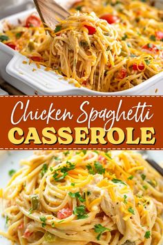 chicken spaghetti casserole with tomatoes and parmesan cheese in a white dish