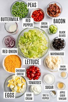 the ingredients to make this salad are shown in bowls and labeled with different types of vegetables