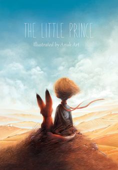 the little prince is sitting on top of a hill with a fox in his lap