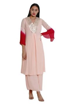 Shop for Limerick by Abirr N' Nanki Pink Georgette Embroidered Kurta Palazzo Set for Women Online at Aza Fashions Luxury Jamawar Palazzo Set With Straight Kurta, Luxury Pink Georgette Kurta, Luxury Palazzo Set With Dabka Work And Tunic, Luxury Palazzo Set With Unstitched Blouse For Eid, Luxury Pink Palazzo Set With Dabka Work, Luxury Women's Georgette Kurta, Luxury Pink Palazzo Set With Dabka Details, Luxury Beige Palazzo Set With Straight Kurta, Luxury Palazzo Set With Dori Work For Celebration