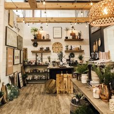 a room filled with lots of potted plants and pictures on the wall next to shelves