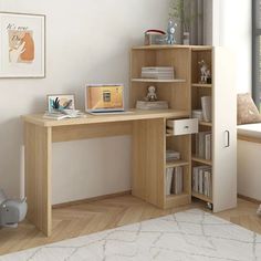 a computer desk with bookshelf and shelves in the corner next to a window