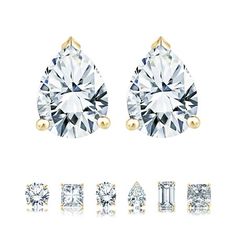 Embellish her ears with these 2 Carat Pear Cut Moissanite Minimalist Solitaire Stud Earrings In 18K Yellow Gold Plating Over Silver. Skillfully hand-cut into a nice pear cut by our experts in lapidary, these flawless earrings with moissanite gemstones are made up of 2 carat moissanite on yellow gold plating over silver, and each side of the earrings weight 1 carat. Special and non-traditional, these earrings with moissanite gemstones is perfect for those who would love to express their charisma Cushion Cut Moissanite, Emerald Cut Moissanite, Solitaire Earrings, Solitaire Studs, Moissanite Earrings, Birthstone Earring, 2 Carat, Pear Cut, 1 Carat