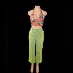 Color Block Wide Leg Pants And Halter New 28x28 Halter Is Nwt Size M Waist Measures 28 In Hip Measures 38 In Inseam 28 In New Never Worn All Cotton With Corduroy Colorblock Accents Light Cotton Wife Leg Crop Style #Millennial #Colorblock #Widelegtrousers #Corduroy #1970s Fitted Cotton Pants For Vacation, Spring Vacation Cotton Capris, Spring Vacation Stretch Capris, Cotton Capris For Vacation In Spring, Summer Orange Pants With Pockets, Green Straight Leg Pants For Vacation, Green Ankle-length Summer Capris, Green Ankle-length Capris For Summer, Orange Cotton Bottoms For Spring