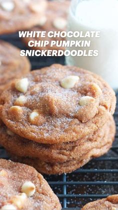 white chocolate chip pumpkin snickkerdoodle cookies on a cooling rack with text overlay