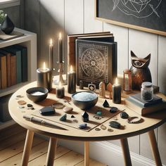 a wooden table topped with lots of candles and other items next to an owl statue