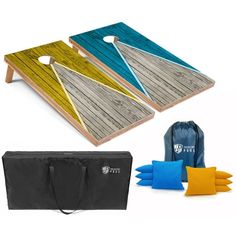 two bean bag tossers and one cornhole game set with blue, yellow, and black bags