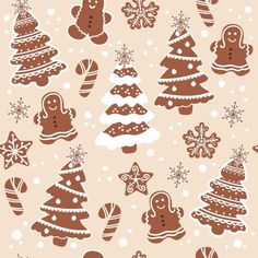 gingerbread christmas trees and cookies on a pink background with snowflakes illustration by person