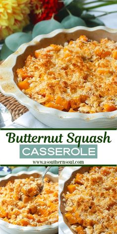 butternut squash casserole in a white dish