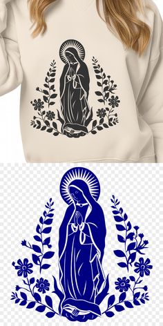 a woman wearing a sweatshirt with an image of the virgin mary in blue on it