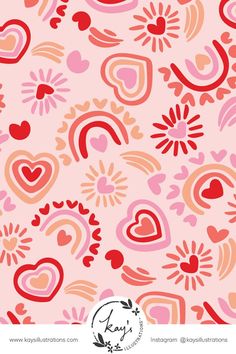 a pink background with hearts and sunbursts in red, orange, and pink