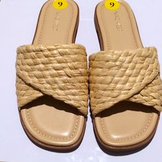 Havah Woven Slide Sandals In Natural ##Details: Heel Height: 0.47" Platform Height: 0 Shaft Height (Boots): 0 Shaft Circumference (Boots): 0 Heel Type: Flat Toe Type: Round Upper Material: Man Made Outsole Material: Man Made Lining Material: N.A. Product Collection: Flat Vacation Sandals With Medium Width Slip-on, Vacation Sandals Medium Width Slip-on, Flat Sandals For Beach With Medium Width, Flat Medium Width Sandals For Beach, Medium Width Flat Sandals For The Beach, Medium Width Flat Sandals For Beach, Beige Medium Width Sandals For Vacation, Nine West Shoes, Heel Type