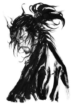 a black and white drawing of a man with his hair blowing in the wind,