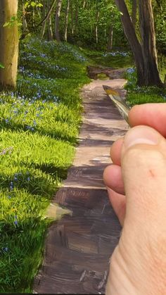 a hand holding a pencil drawing a path in the woods with bluebells on it