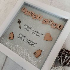 a shadow box with scrabbles in it and some words on the frame