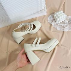 Lasaky - Mary Jane Retro Chunky Heels: Waterproof Platform Bridesmaid Wedding Shoes Cream Block Heels With Round Toe For Party, Platform Bridal Shoes, Vintage High Heels, White Flat Shoes, Rough Heels, Nike Fashion Shoes, Super High Heels, Pu Heels, Y2k Outfits