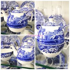 blue and white porcelain tea set on display