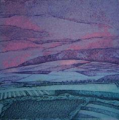 a drawing of a landscape with hills and clouds in the background at sunset or dawn