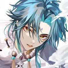 an anime character with blue hair and piercings on his ears is staring at the camera