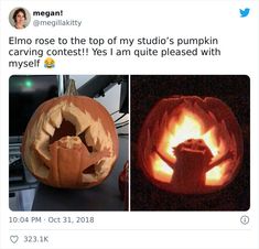 two pumpkins that have been carved to look like they are being eaten by someone