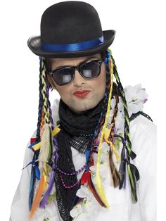 PRICES MAY VARY. Boy George Chameleon Hat Black Bowler, with Multi-Coloured Plaits Stand out at the 80s party with the Chameleon Hat. This 80s fancy dress accessory comes with multi-coloured plaits, does not include ribbons Product Code: 36225 Chameleon Costume, 1980s Fancy Dress, Black Bowler Hat, Hat With Braids, Karma Chameleon, George Hats, Mens 80s, 80s Costume