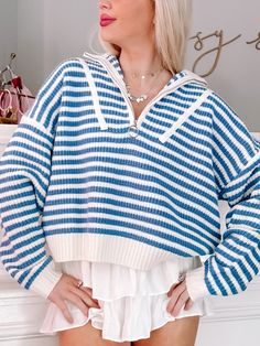 Wrap yourself in coastal comfort with the Cozy By The Coast Pullover from Sassy Shortcake. Cream and blue stripes add a touch of nautical charm, while the half-zip and sweater knit provide warmth and style. Perfect for a beach bonfire or a walk along the shore. content: 100% acrylic fit: true to size, model wearing a size small. Sassy Shortcake, Beach Bonfire, Womens Sweaters, Summer Fashion Outfits, Cute Sweaters, Sweater Knit, The Coast, Sweater Weather, A Walk