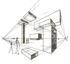 a drawing of people standing in front of a building with mirrors and lights on it