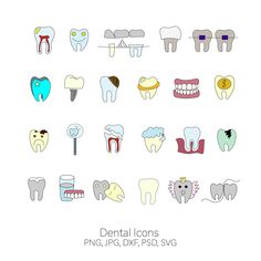 the dental icons are drawn in different styles and colors, including toothbrushes, braces, teeth