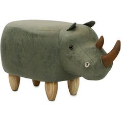 a rhinoceros shaped stool with wooden legs and an animal's head on it