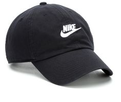 65% polyester and 35% cotton fabric upper,Adjustable back strap for a secure fit,Sweatband for added comfort,Curved bill cap design,2 1/2 inch bill,Nike branding details,One size fits most | Nike US Futura Washed Baseball Cap in Black/White Wash Baseball Cap, Nike Branding, Black Sportswear, Nike Brand, Baseball Caps Mens, Sporty Chic, Cap Design, Back Strap, Nike Sportswear