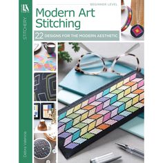 the cover of modern art stitching book, featuring an image of glasses and notebooks