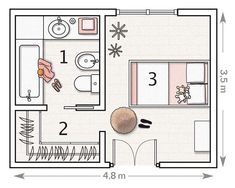 the floor plan for a bedroom and bathroom