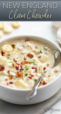 clam chowder in a bowl with bits of bacon. Homemade Clam Chowder, Canned Clams, Fresh Clams, Savory Bacon, Clam Chowder Recipe, Cooked Potatoes, New England Clam Chowder, Chowder Recipes Seafood, Canned Soup