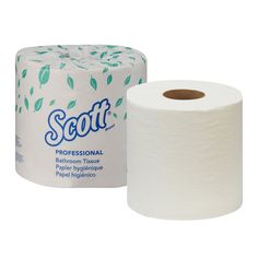 two rolls of scott professional toilet paper next to each other on a white background with green leaves