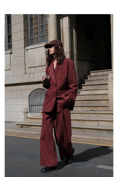 metaversmall Autumn Women Solid Loose Blazer Suit Office Lady Double Breasted OverSize Fashion Blazer+pants 2Piece Set Korean Streetwear Maroon Suit, Halloween Skirt, Shrug Pattern, Korean Streetwear, Fall Pants, Oversize Fashion, French Women, Casual Jumpsuit, Business Dresses