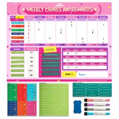 the weekly chores and reward calendar is shown with markers, pencils, and pens