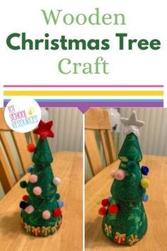 the wooden christmas tree craft is ready to be made with yarn and pom poms