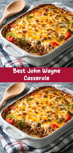 two images show the same casserole in different dishes, one with meat and vegetables