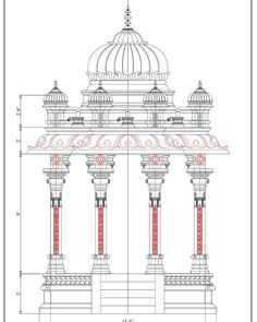 an architectural drawing of a building with pillars and domes on each side, in red ink