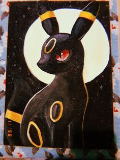 a painting of a black rabbit sitting in front of a full moon