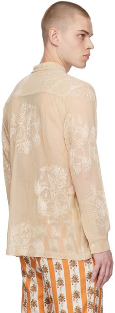 Semi-sheer cotton mesh shirt. Paisley pattern embroidered throughout. · Spread collar · Button closure · Single-button barrel cuffs · Logo embroidered at back · Mother-of-pearl hardware Supplier color: White Summer Sheer Sleeves Button-up Blouse, Beige Button-up Blouse With Floral Embroidery, Elegant Spring Blouse With Chikankari Embroidery, Elegant Chikankari Embroidery Blouse For Spring, Spring Button-up Blouse With Sheer Sleeves, Elegant Spring Blouse With Tonal Embroidery, Elegant Blouse With Tonal Embroidery For Spring, Beige Floral Embroidery Blouse For Daywear, Beige Blouse With Floral Embroidery For Daywear