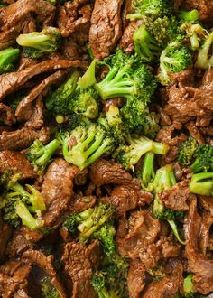 beef and broccoli stir fry in a pan