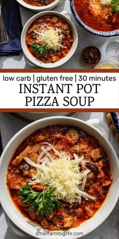 two bowls of instant pot pizza soup with cheese and parmesan sprinkled on top