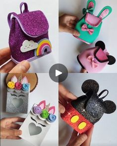 four different images of mickey mouse and minnie mouse purses with the same design on them