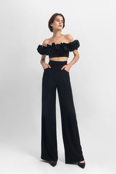 Off-shoulder ruffled crepe top, paired with straight cut crepe pants and a detachable belt - HerTrove Long Dress Fitted, Crepe Pants, Straight Cut Pants, Crepe Top, Dress Fitted, Off Shoulder Tops, Black Top, Straight Cut, Lebanon